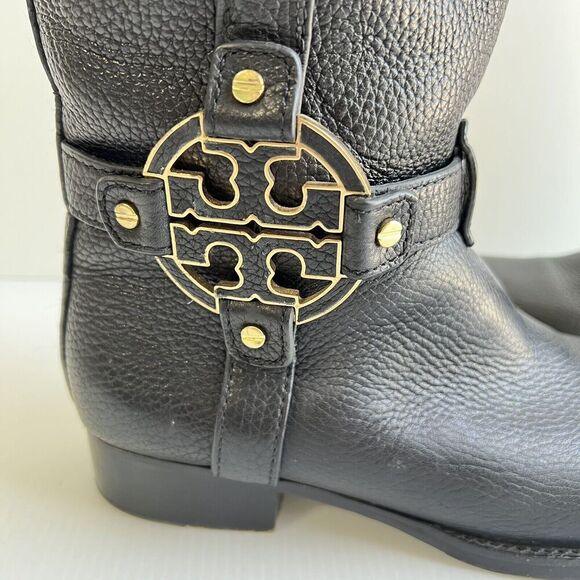Tory Burch Black Leather Amanda Tall Riding Boots Size 6.5 Big Logo - Picture 2 of 16